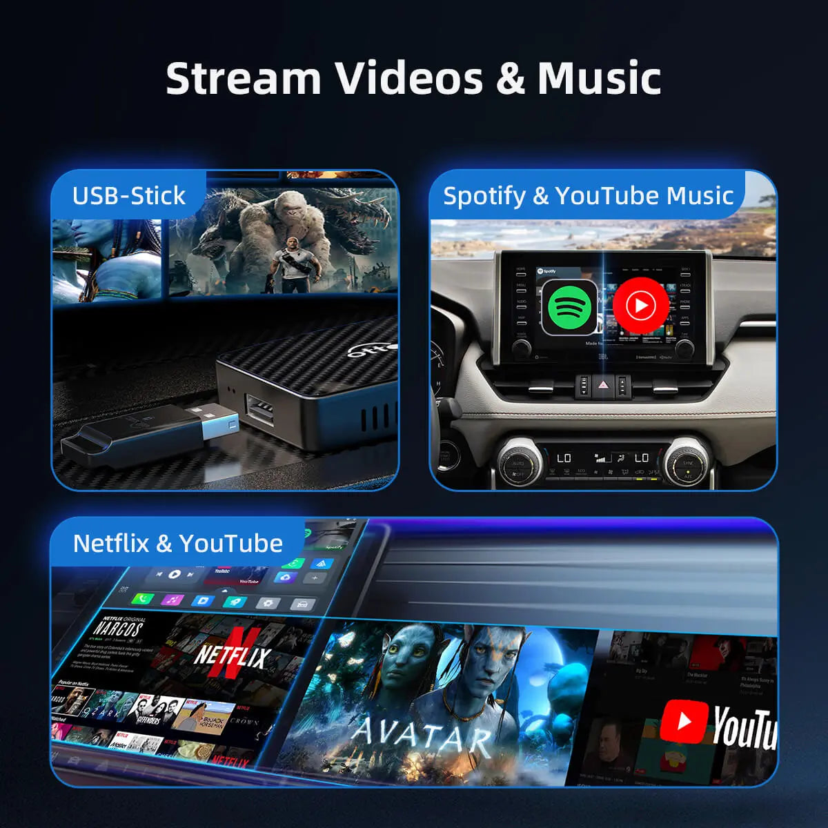 Roadcast Pro™ | Draadloos Netflix, Youtube en Spotify Streamen